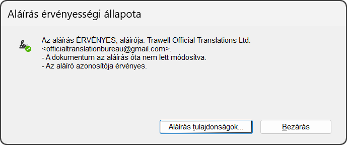 Acrobat: az aláírás érvényes, a dokumentumot a Trawell bélyegezte