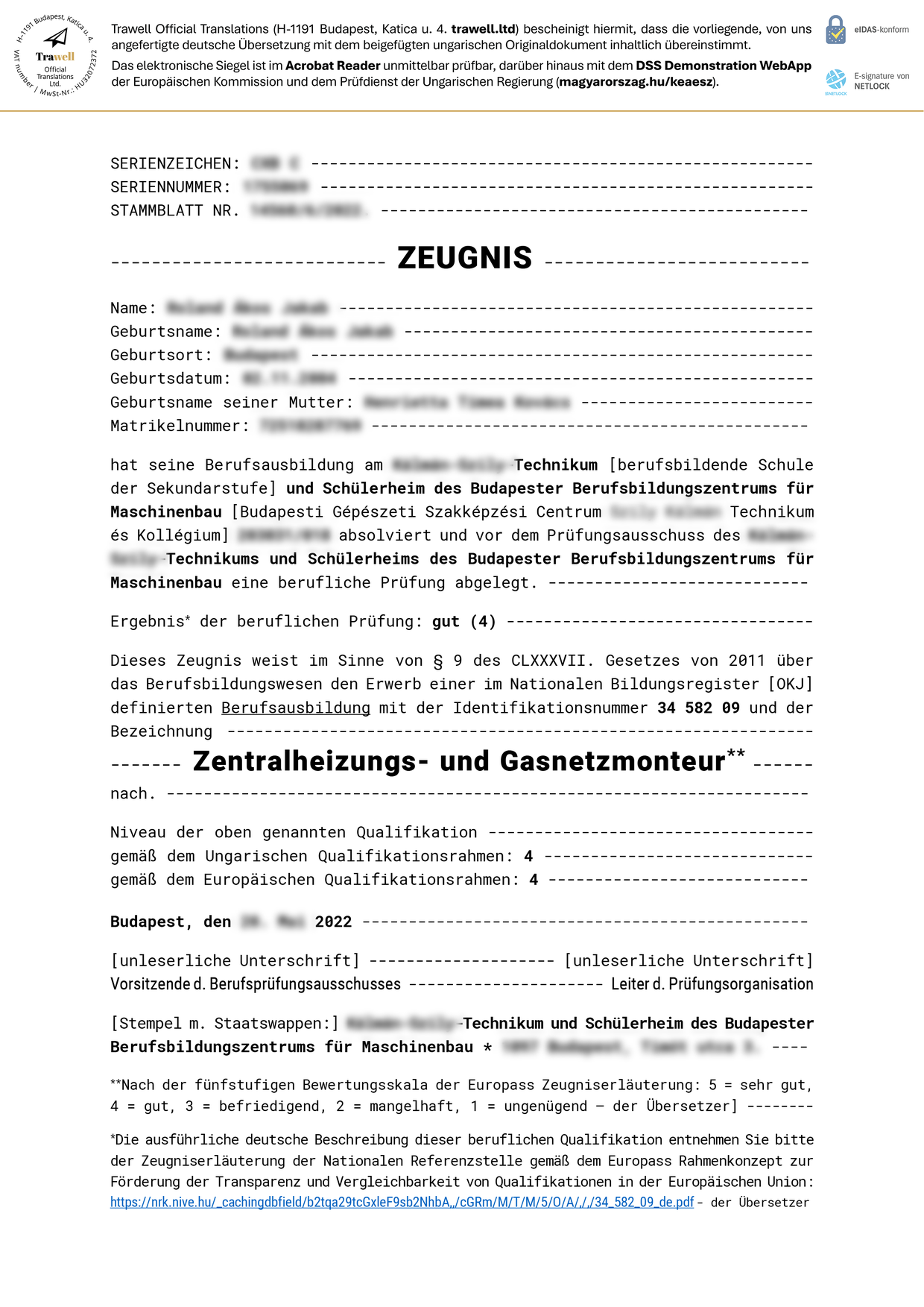 E-hiteles bizonyítványfordítás mintája: a PDF első oldala a fordítóirodai fejléccel